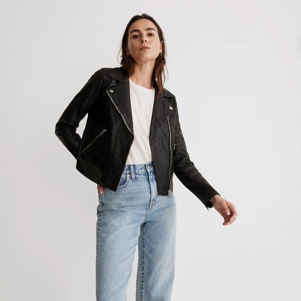 Madewell The Washed Leather Motorcycle Jacket | Black - Size Extra-Small